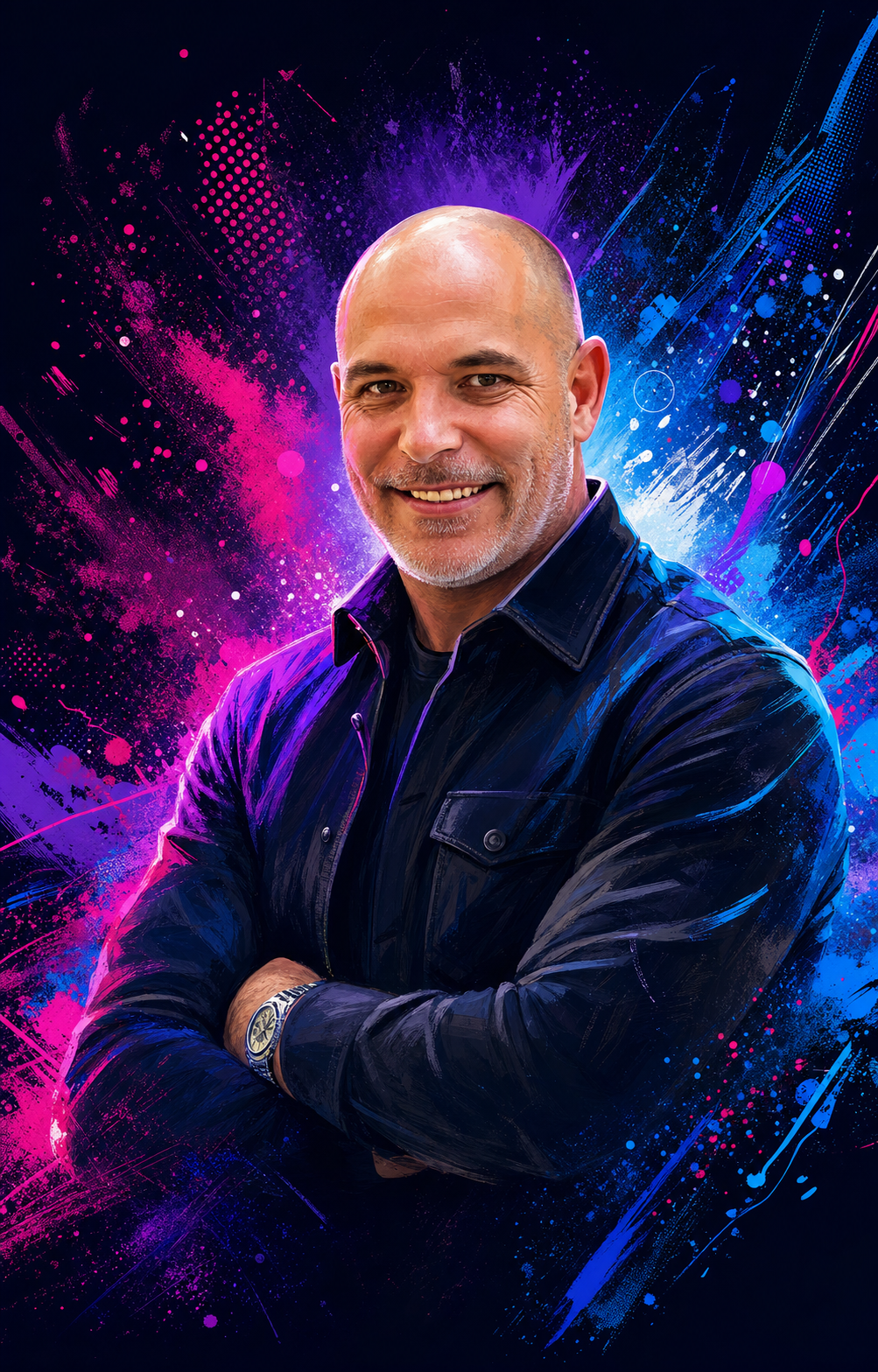 Vibrant illustrated portrait of Project X Graphics founder Max Good