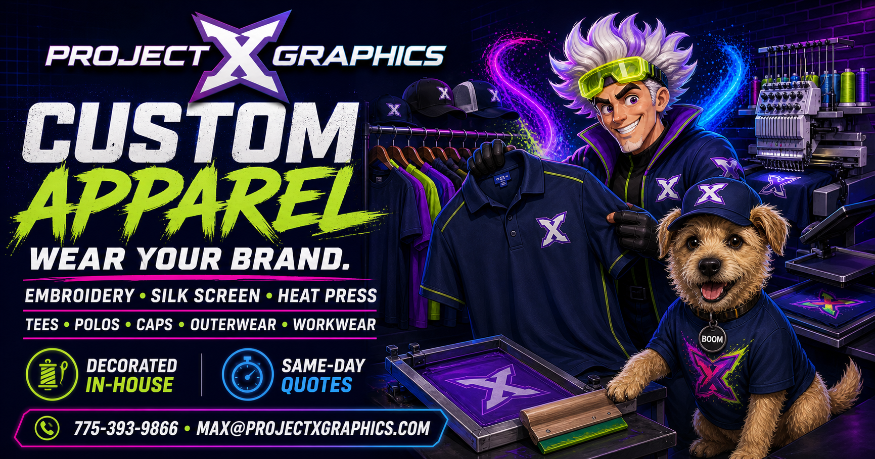 Dex and Boom presenting Project X Graphics custom decorated apparel including shirts, polos, caps, outerwear, and workwear