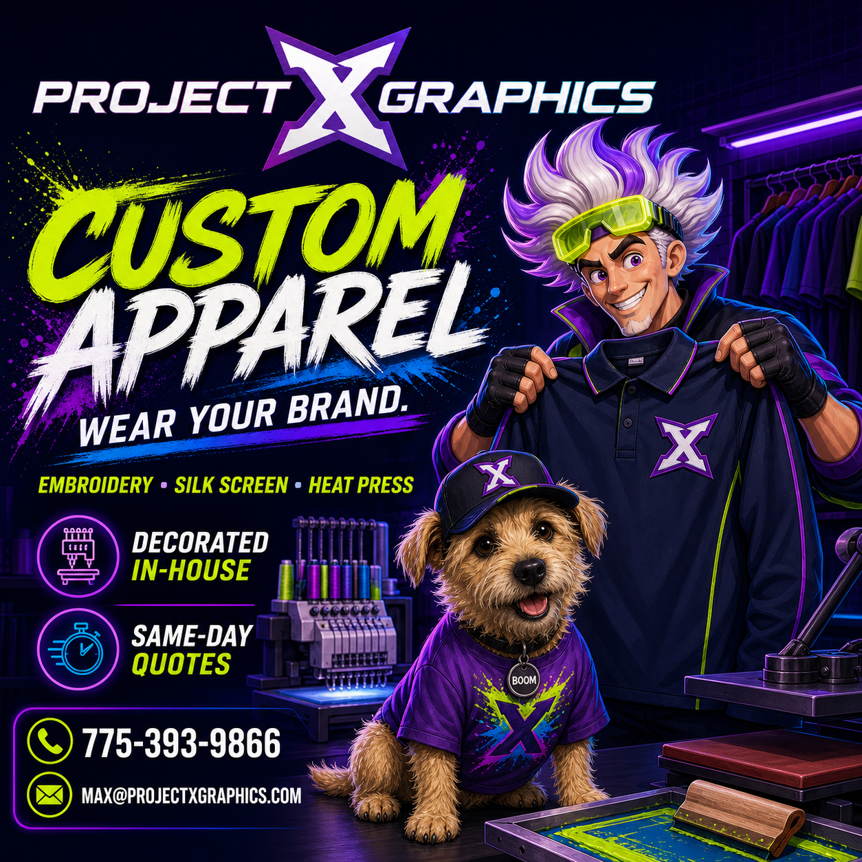 Dex and Boom presenting Project X Graphics custom embroidered, silk-screened, and heat-pressed apparel
