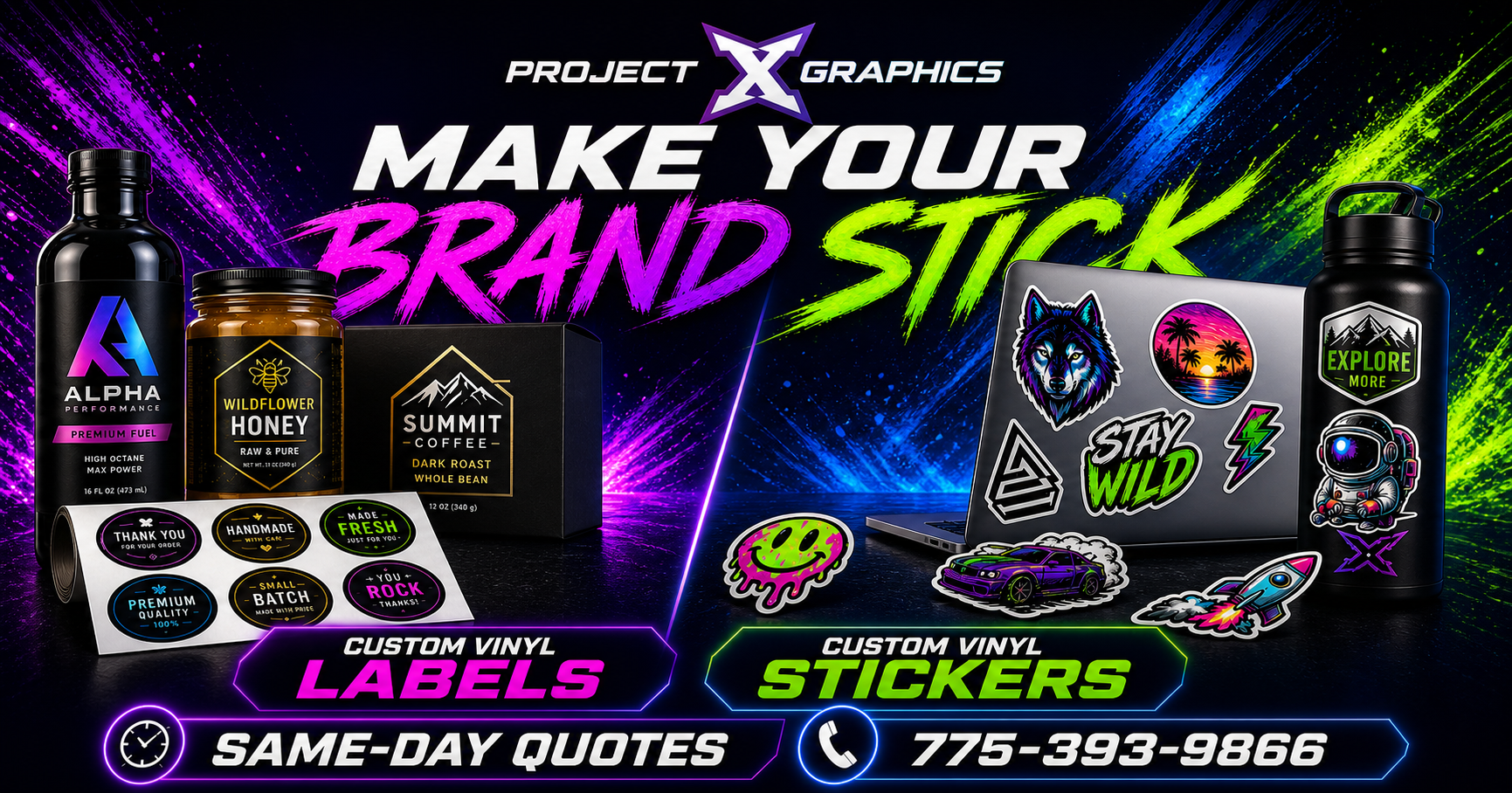 Project X Graphics campaign featuring custom vinyl product labels and custom vinyl stickers