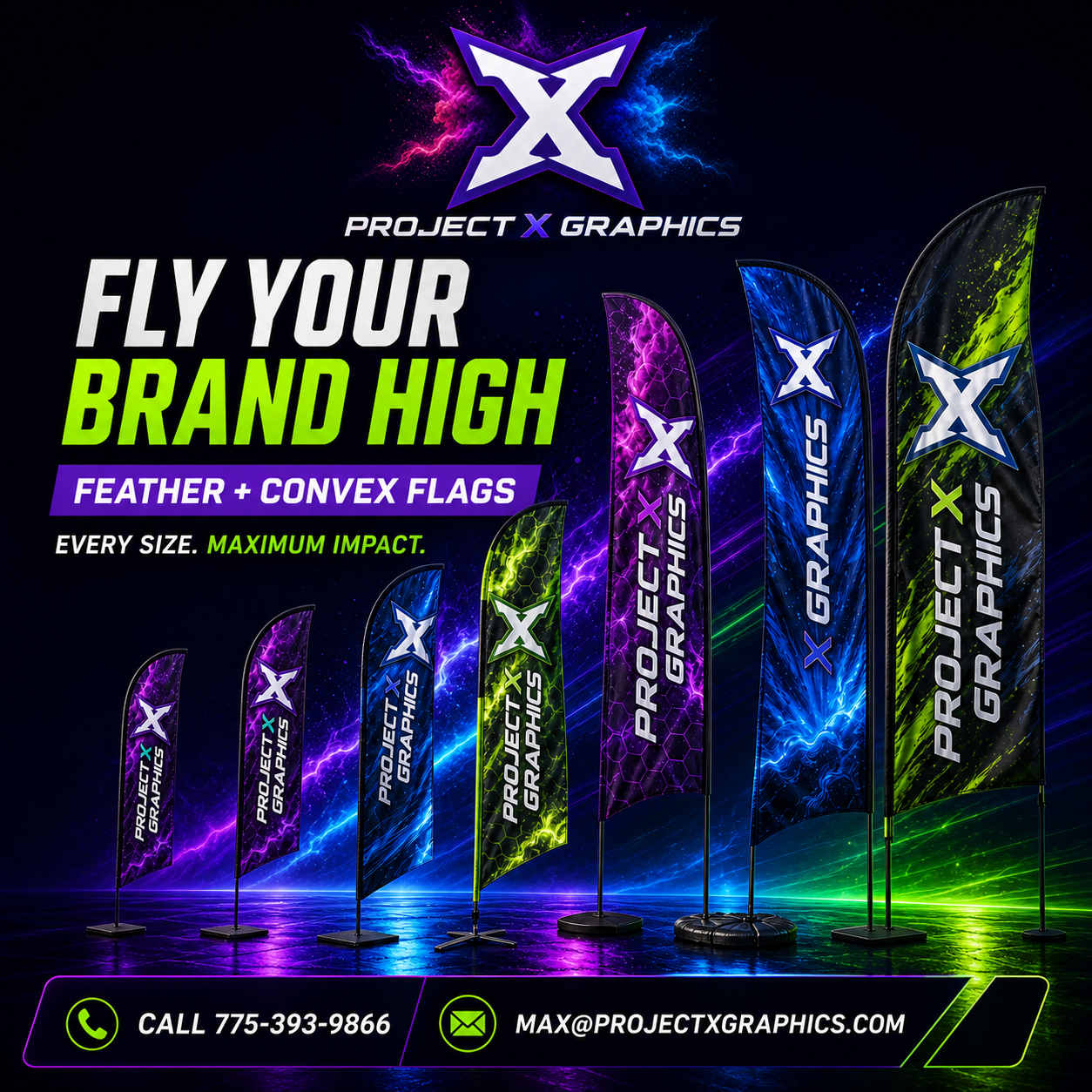 Project X Graphics advertising flag campaign showing multiple custom flag styles