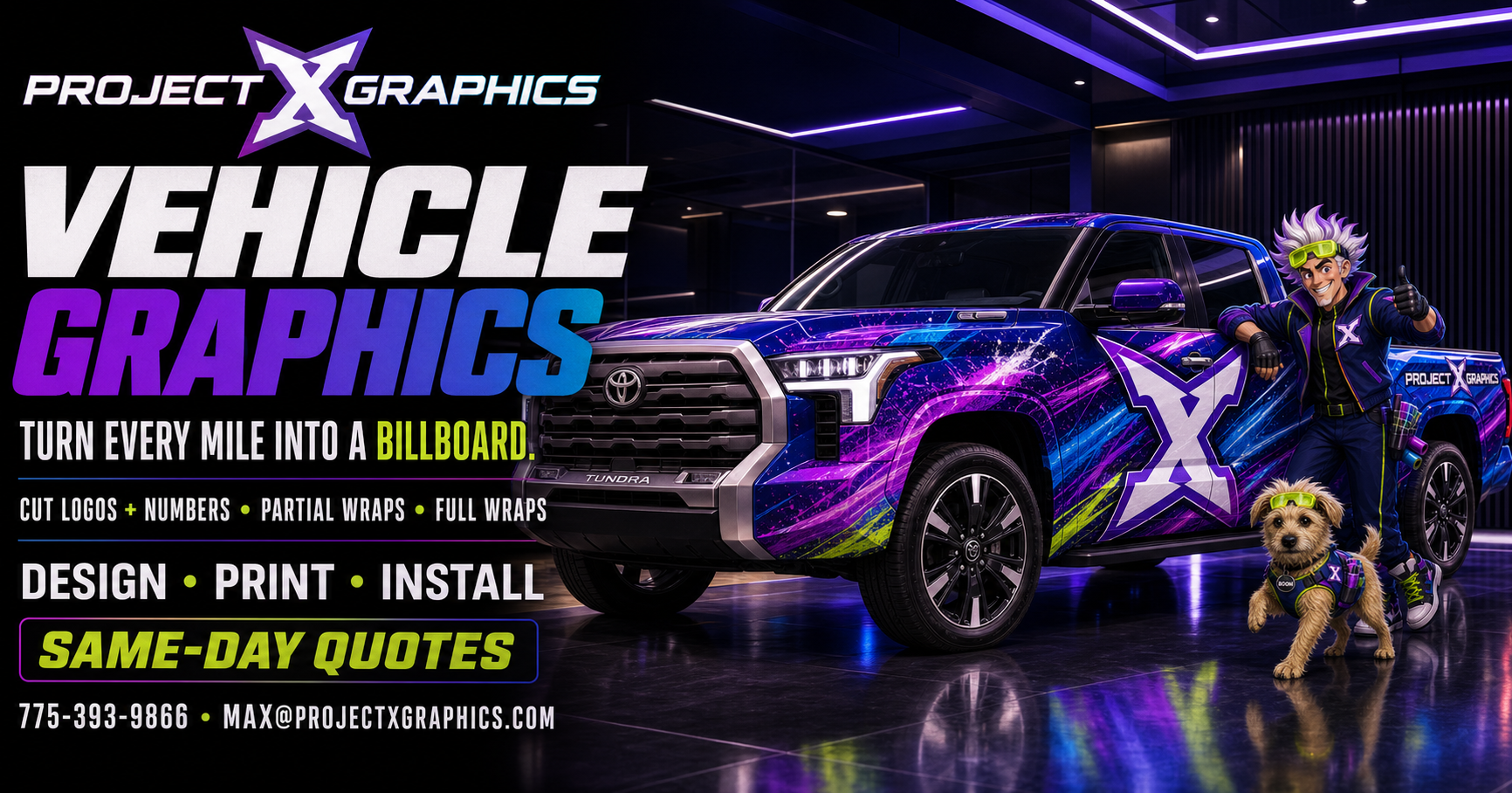 Dex and Boom presenting a Project X Graphics wrapped pickup truck with custom vehicle graphics