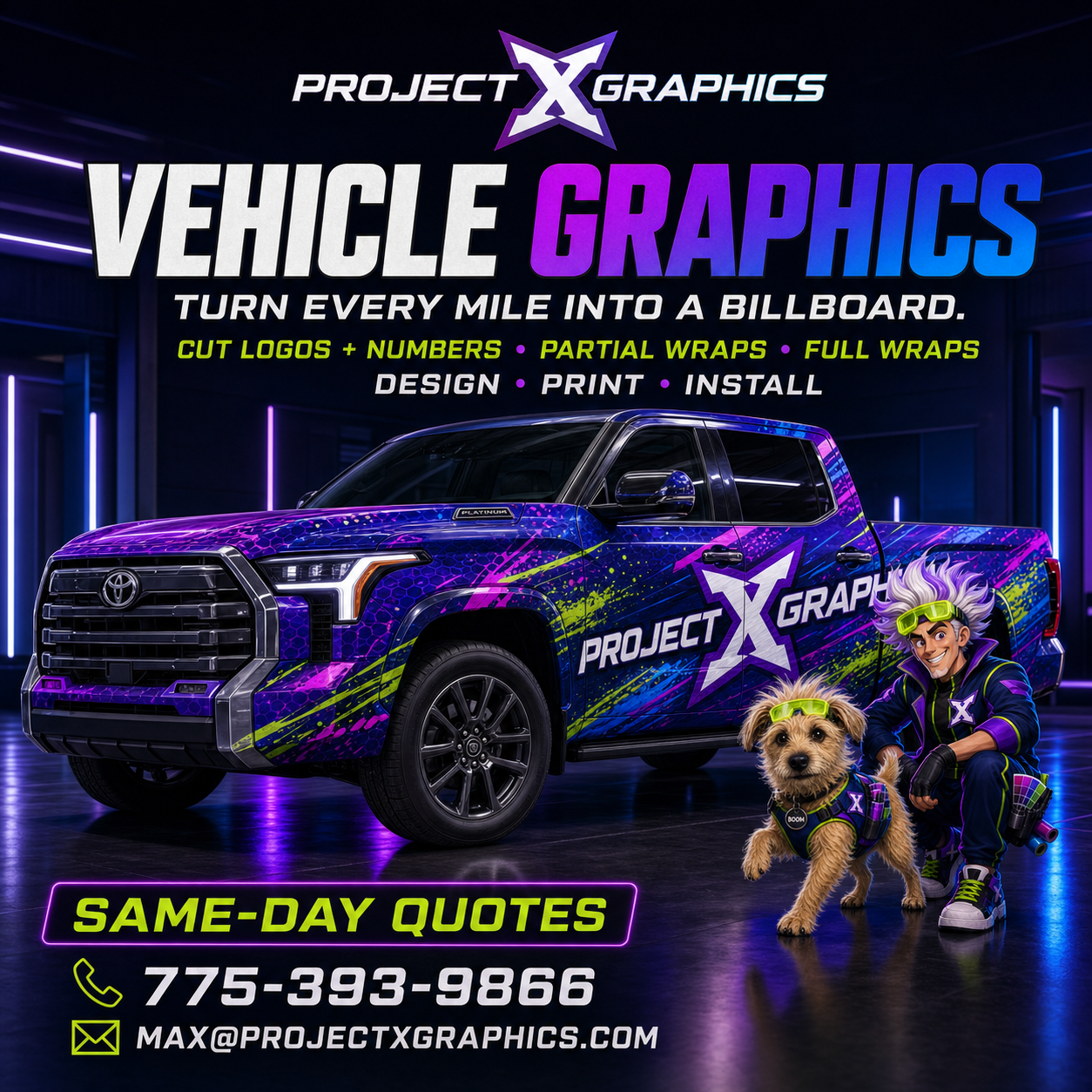 A fully wrapped Project X Graphics Toyota Tundra in a modern showroom with Dex and Boom
