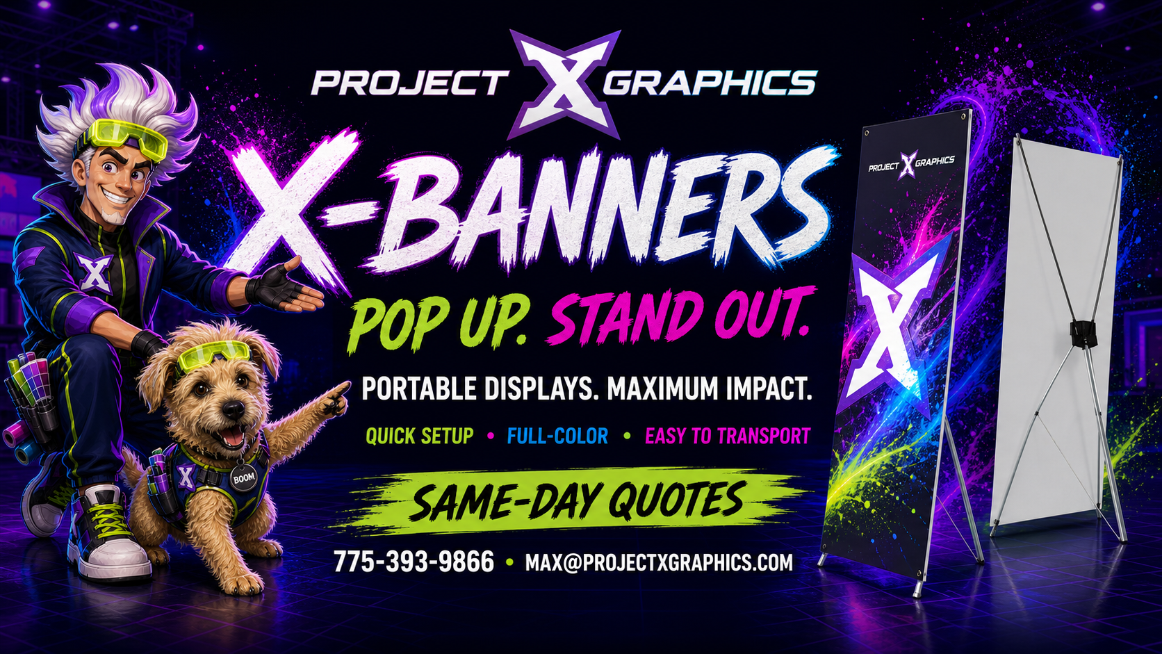 Dex and Boom presenting portable full-color Project X Graphics X-banner displays