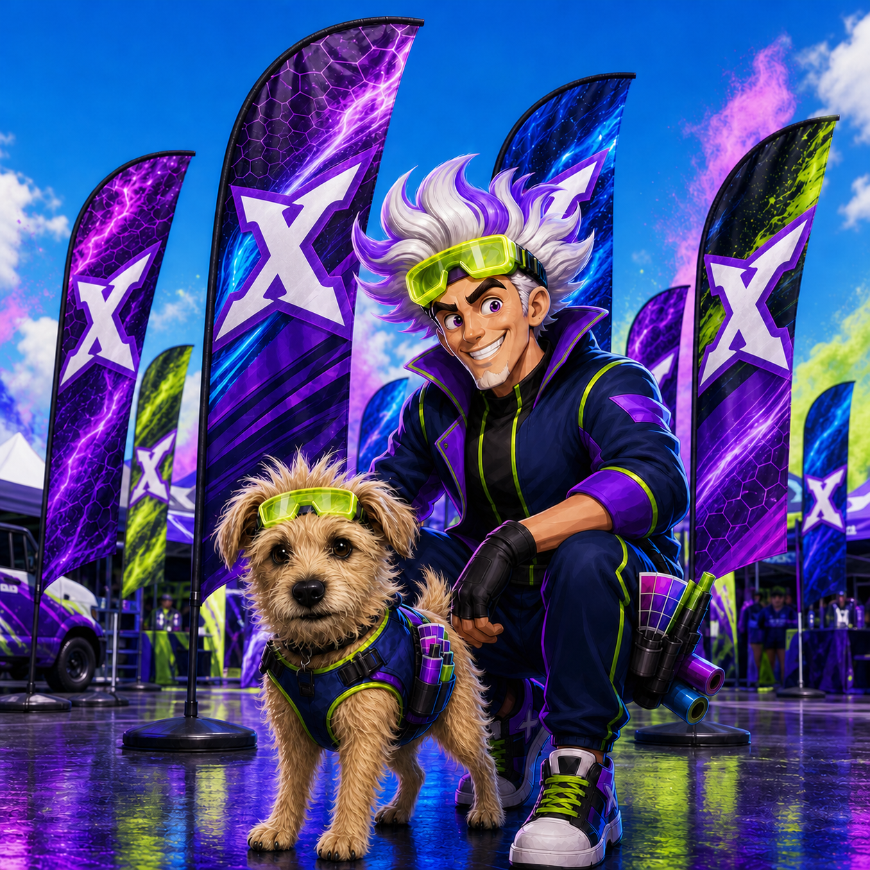 Dex and Boom surrounded by colorful PXG-branded advertising flags
