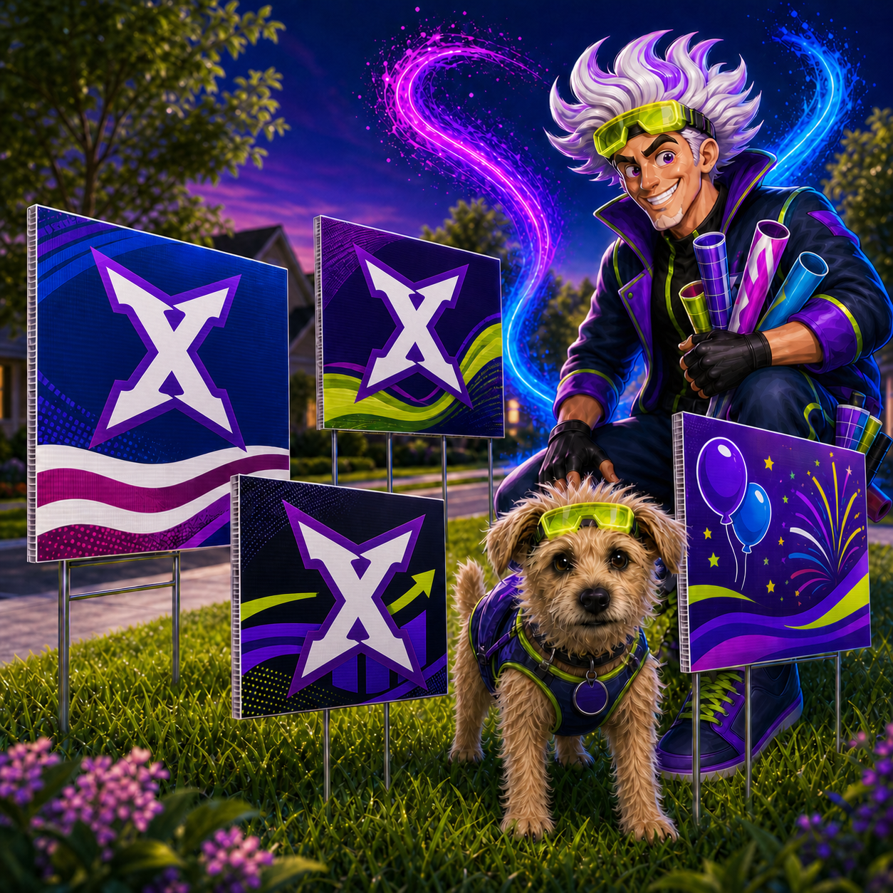 Dex and Boom showcasing versatile PXG-branded coroplast yard signs