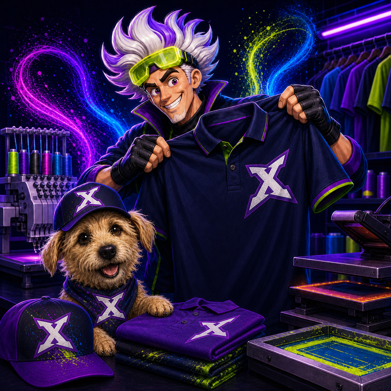 Dex and Boom showcasing PXG-branded custom apparel