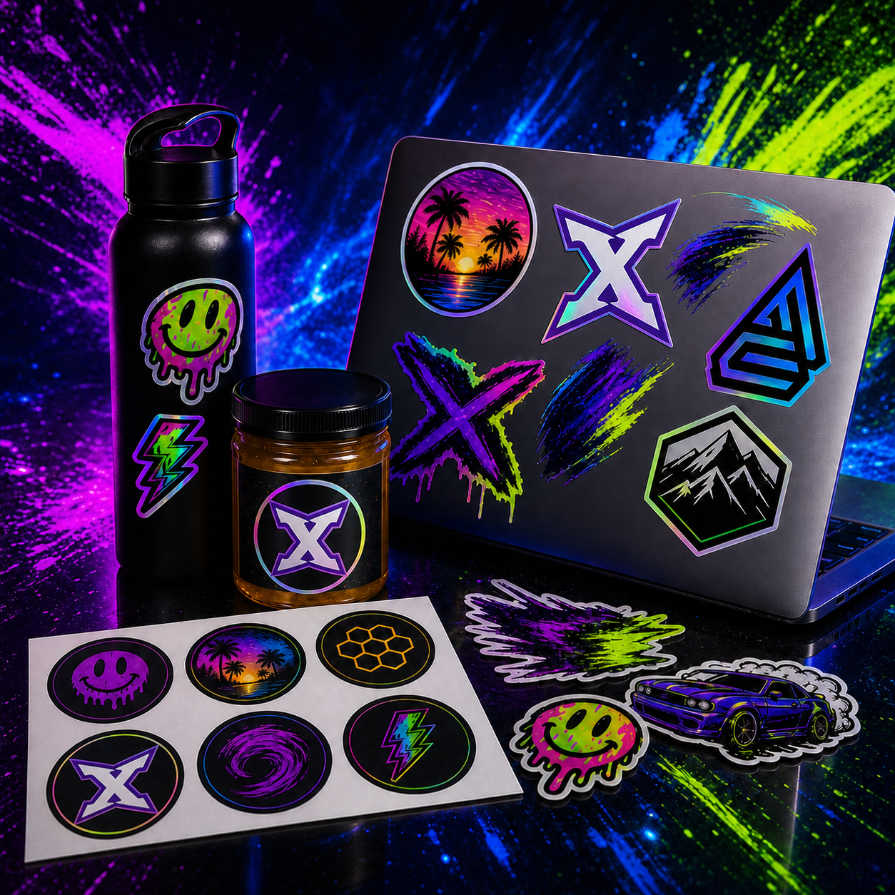 PXG-branded stickers and product labels in vibrant finishes