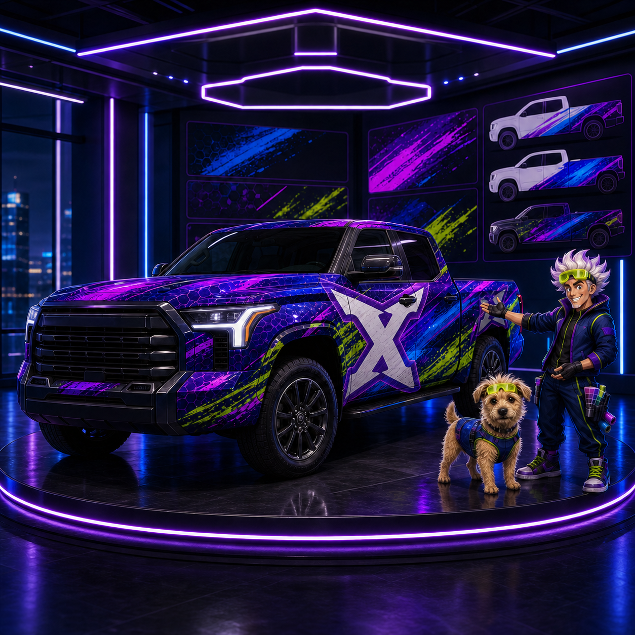 A PXG-branded fully wrapped truck with Dex and Boom in a showroom
