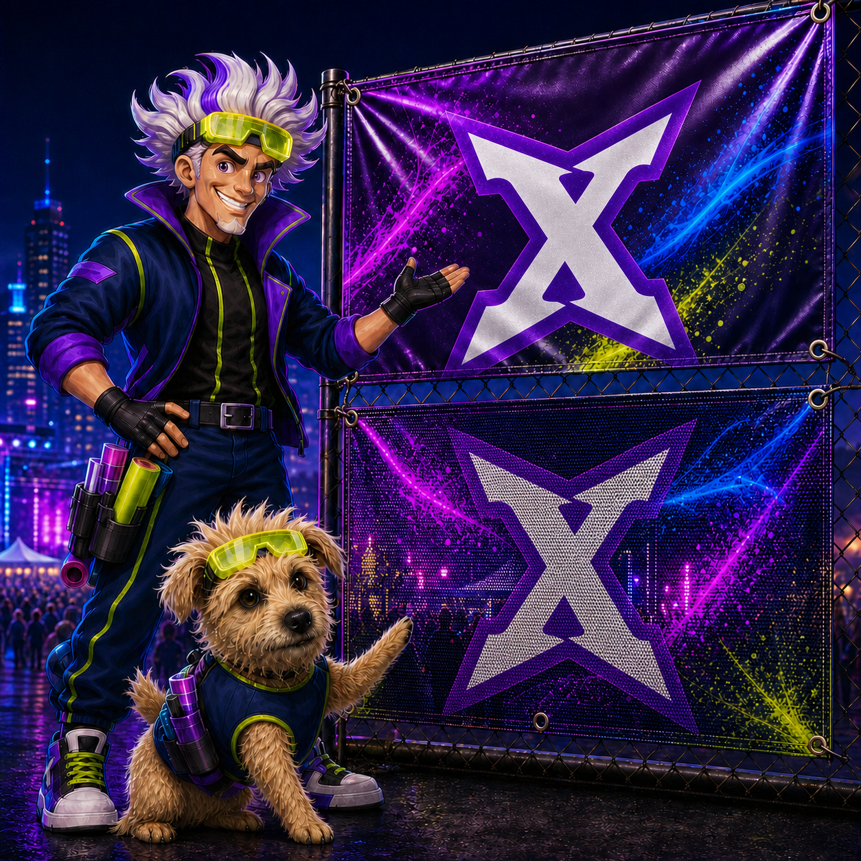 Dex and Boom presenting PXG-branded vinyl and mesh banners
